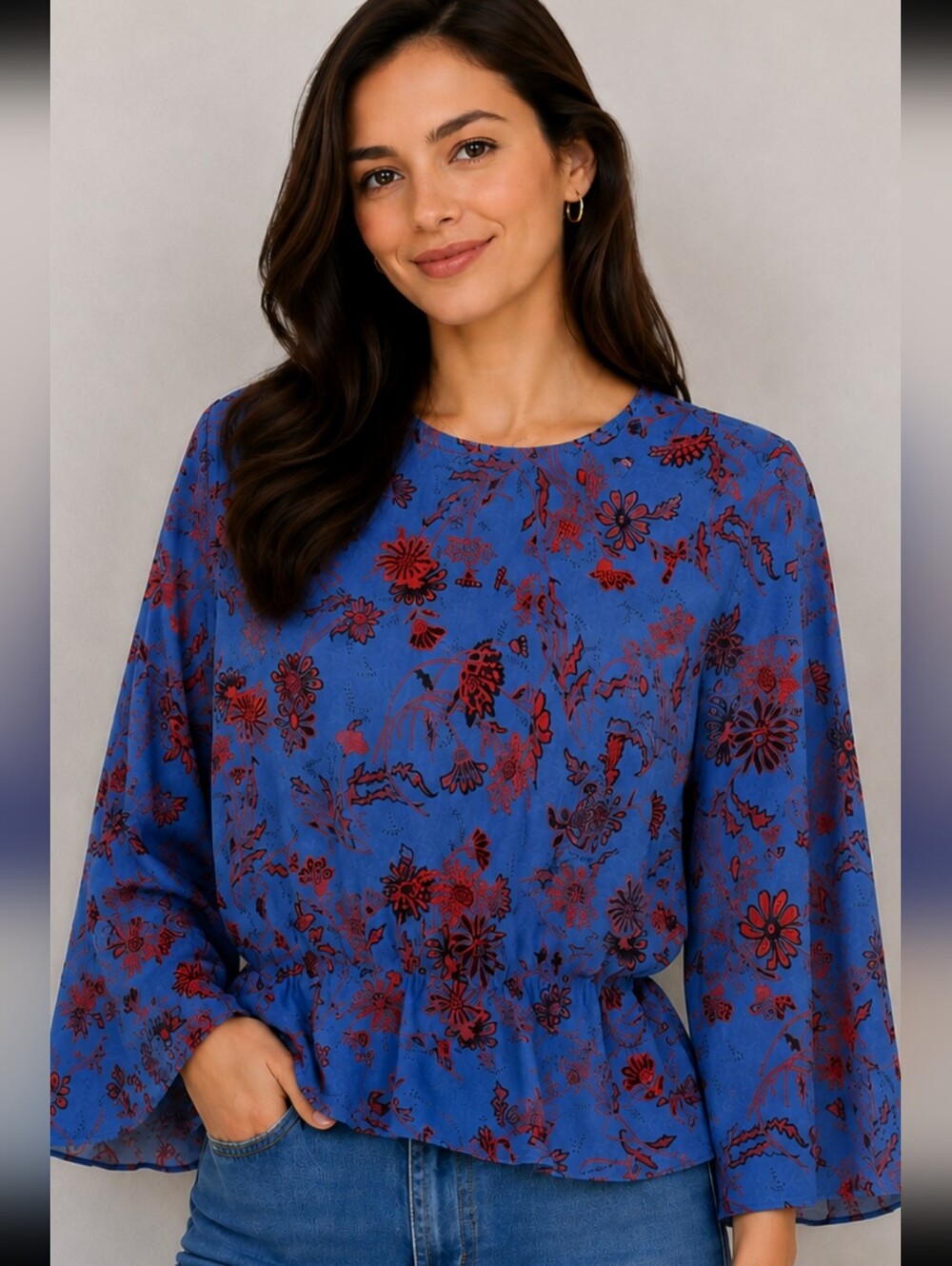 Derek Lam Blue Blouse with Red Floral Print